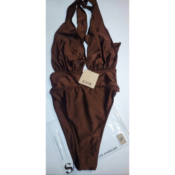 SAME Los Angeles One Piece Swimsuit Brown Halter High Cut Cheeky NWT Size S - Picture 3 of 6